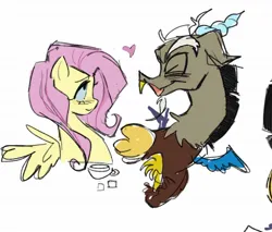 Size: 1216x1035 | Tagged: safe, artist:trixieacc06, derpibooru import, discord, fluttershy, draconequus, pegasus, pony, bust, cup, duo, duo male and female, eyes closed, female, heart, image, jpeg, male, sketch, smiling, spread wings, tea party, teacup, wings