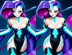 Size: 2862x2202 | Tagged: suggestive, derpibooru import, machine learning assisted, machine learning generated, purplesmart.ai, stable diffusion, rarity, anthro, breasts, clothes, cyberspace, dress, female, image, jpeg, sexy, solo, tron