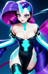 Size: 1431x2202 | Tagged: suggestive, derpibooru import, machine learning assisted, machine learning generated, purplesmart.ai, stable diffusion, rarity, anthro, breasts, clothes, cyberspace, dress, female, image, jpeg, sexy, solo, tron