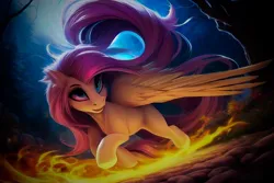 Size: 1728x1152 | Tagged: safe, ai content, derpibooru import, machine learning generated, novelai, stable diffusion, fluttershy, pegasus, pony, g4, cute, ear fluff, female, forest, image, jpeg, mare, night, outdoors, prompter:endless--, running, smiling, solo, tree, wings