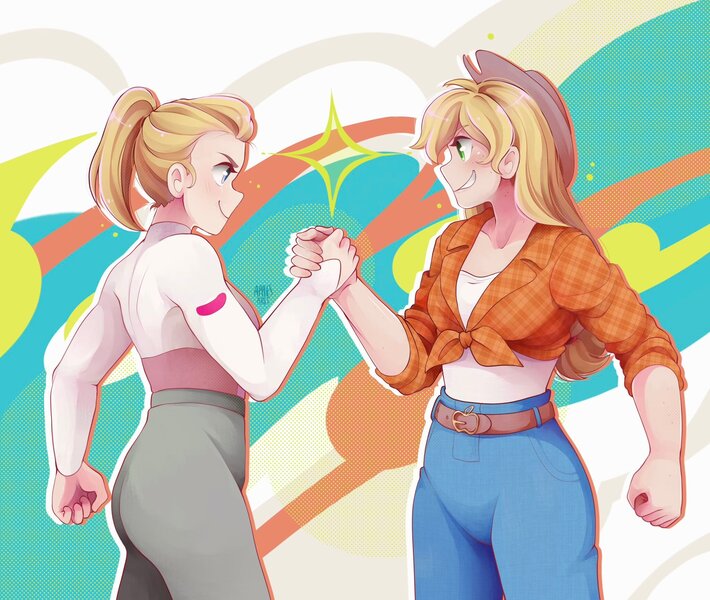 Size: 2048x1730 | Tagged: safe, artist:applesartt, derpibooru import, applejack, human, clothes, confident, denim, front knot midriff, handshake, humanized, image, jeans, jpeg, midriff, pants, she-ra, she-ra and the princesses of power, smiling, sparkles