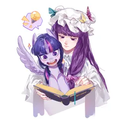 Size: 3000x3000 | Tagged: safe, artist:eopo, derpibooru import, twilight sparkle, twilight sparkle (alicorn), alicorn, human, pony, book, bust, clothes, crossover, human and pony, image, jpeg, open mouth, patchouli knowledge, simple background, smiling, spread wings, touhou, white background, wings