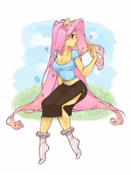Size: 1536x2048 | Tagged: safe, artist:mikashiyaa, derpibooru import, fluttershy, human, breasts, cleavage, clothes, eared humanization, female, flower, flower in hair, head turned, humanized, image, jpeg, long hair, midriff, pony coloring, simple background, socks, solo, white background