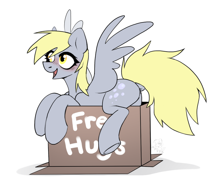 Size: 1932x1620 | Tagged: safe, artist:rtootb, derpibooru import, derpy hooves, pegasus, pony, blushing, box, cute, digital art, dock, female, fluffy tail, free hugs, full body, g4, gray, gray fur, happy, image, looking down, looking up, mare, open mouth, open smile, png, pony in a box, simple background, sitting, sketch, smiling, spread wings, tail, wings, yellow eyes, yellow mane, yellow tail