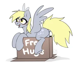 Size: 1932x1620 | Tagged: safe, artist:rtootb, derpibooru import, derpy hooves, pegasus, pony, blushing, box, cute, digital art, dock, female, fluffy tail, free hugs, full body, g4, gray, gray fur, happy, image, looking down, looking up, mare, open mouth, open smile, png, pony in a box, simple background, sitting, sketch, smiling, spread wings, tail, wings, yellow eyes, yellow mane, yellow tail