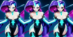 Size: 4293x2202 | Tagged: suggestive, derpibooru import, machine learning assisted, machine learning generated, purplesmart.ai, stable diffusion, rarity, anthro, breasts, clothes, cyberspace, dress, female, image, jpeg, sexy, solo, tron