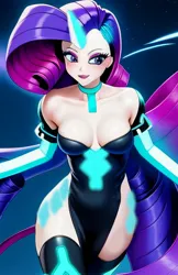 Size: 1431x2202 | Tagged: suggestive, derpibooru import, machine learning assisted, machine learning generated, purplesmart.ai, stable diffusion, rarity, anthro, breasts, clothes, cyberspace, dress, female, image, jpeg, sexy, solo, tron