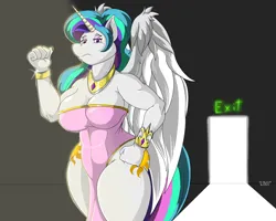 Size: 1000x800 | Tagged: safe, artist:quicktron, derpibooru import, princess celestia, alicorn, anthro, big breasts, both cutie marks, bracelet, breasts, busty princess celestia, celestia is not amused, cleavage, clothes, curvy, doorway, dress, exit, female, hand on hip, hourglass figure, image, jewelry, looking at you, muscles, muscular female, necklace, png, pointing, pointing behind, princess musclestia, side slit, solo, strapless, strapless dress, thighs, thunder thighs, total sideslit, unamused