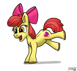 Size: 2068x1894 | Tagged: safe, artist:darkyboode32, derpibooru import, apple bloom, earth pony, pony, bow, female, filly, foal, handstand, happy, image, legs in air, open mouth, open smile, png, shadow, simple background, smiling, solo, upside down, white background