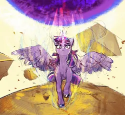 Size: 1854x1711 | Tagged: safe, artist:applephil, derpibooru import, twilight sparkle, twilight sparkle (alicorn), alicorn, pony, female, frown, image, imminent death, jpeg, looking at you, magic, mare, solo, spread wings, wings