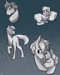 Size: 1147x1424 | Tagged: safe, artist:triplesevens, derpibooru import, oc, unofficial characters only, earth pony, pony, unicorn, image, looking at you, male, males only, mugshot, one eye open, pillow, png, simple background, sleeping, stallion