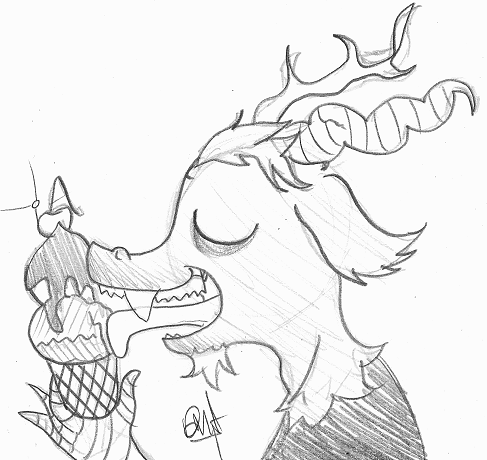 Size: 487x460 | Tagged: safe, artist:deathnugget-afro, derpibooru import, discord, draconequus, eyes closed, grayscale, ice cream cone, image, licking, monochrome, old art, pencil drawing, png, profile, solo, tongue out, traditional art, turnip