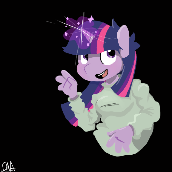 Size: 576x576 | Tagged: safe, artist:deathnugget-afro, derpibooru import, twilight sparkle, anthro, unicorn, black background, clothes, female, image, old art, open mouth, open smile, png, simple background, smiling, solo