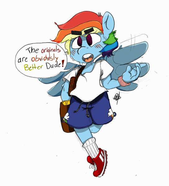 Size: 1024x1128 | Tagged: safe, artist:deathnugget-afro, derpibooru import, rainbow dash, pegasus, semi-anthro, bag, clothes, image, old art, png, shirt, shoes, shorts, shoulder bag, simple background, solo, speech bubble, sweatband, t-shirt, thick eyebrows, white background
