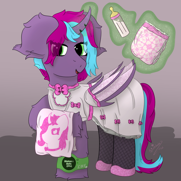 Size: 3000x3000 | Tagged: questionable, artist:spiroudada, derpibooru import, oc, oc:cloud twist, unofficial characters only, alicorn, bat pony, bat pony alicorn, pony, adult foal, baby bottle, bat wings, bow, clothes, cute, diaper, diaper fetish, dress, female, fetish, horn, image, magic, maid, mare, pink, png, simple background, towel, watch, wings