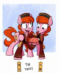 Size: 1922x2351 | Tagged: safe, artist:anontheanon, ponybooru import, oc, unofficial characters only, earth pony, pony, bellhop, duo, eye clipping through hair, female, freckles, image, jpeg, mare, open mouth, siblings, sisters, smiling, twins, whoopee cushion