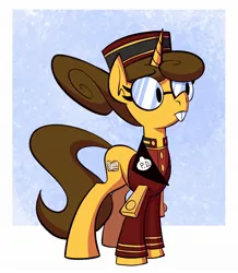 Size: 1686x1936 | Tagged: safe, artist:anontheanon, ponybooru import, oc, oc:p.d., unofficial characters only, pony, unicorn, bellhop, bucktooth, clothes, female, glasses, image, jpeg, mare, name tag, round glasses, solo, uniform