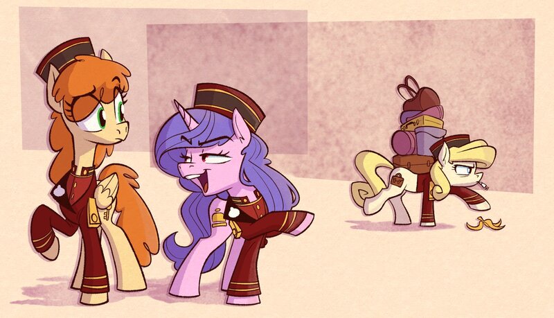 Size: 1457x836 | Tagged: safe, artist:anontheanon, ponybooru import, oc, oc:belle hop, oc:jane, earth pony, pegasus, pony, unicorn, banana peel, bellhop, cigarette, clothes, female, image, jpeg, lidded eyes, luggage, mare, moments before disaster, open mouth, prank, smiling, smoking, this will end in pain, trio, uniform