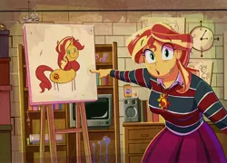 Size: 2996x2156 | Tagged: safe, artist:anontheanon, ponybooru import, sunset shimmer, pony, unicorn, equestria girls, chris chan, drawing, fanta, female, image, jewelry, jpeg, looking at you, necklace, pointing, solo, stick figure