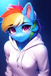 Size: 2048x3072 | Tagged: suggestive, derpibooru import, machine learning generated, purplesmart.ai, stable diffusion, rainbow dash, anthro, abstract background, breasts, clothes, ear fluff, eyebrows, eyelashes, hoodie, image, jpeg, nipples, nudity, smiling, solo, standing