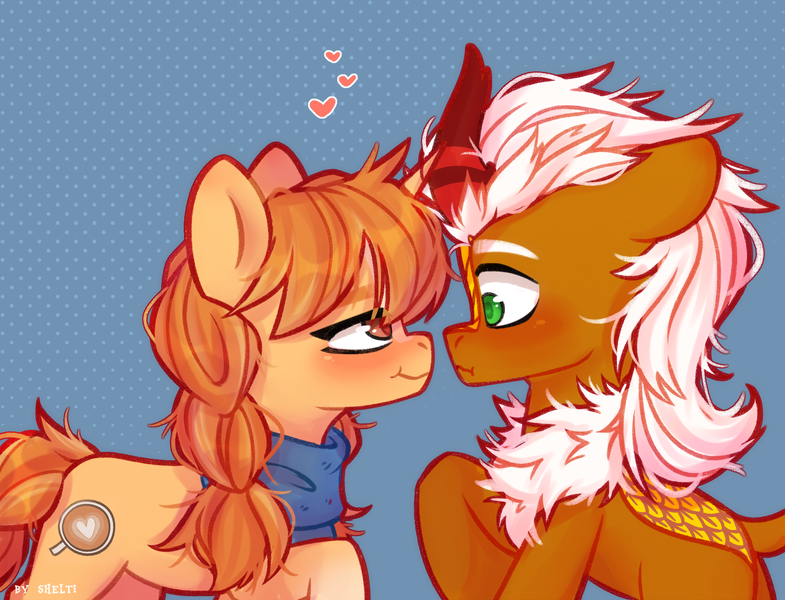 Size: 2500x1910 | Tagged: safe, artist:shelti, derpibooru import, oc, unofficial characters only, kirin, pony, unicorn, commission, duo, heart, image, looking at each other, looking at someone, png, signature