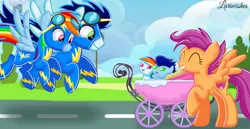 Size: 1980x1020 | Tagged: safe, artist:mlplary6, derpibooru import, rainbow dash, scootaloo, soarin', oc, oc:blue skies, oc:speedy dash, pegasus, pony, baby, baby carrier, baby pony, babysitting, clothes, colt, eyes closed, female, filly, flying, foal, happy, image, male, mare, momma dash, offspring, older, older scootaloo, parent:rainbow dash, parent:soarin', parents:soarindash, png, shipping, siblings, sisters, smiling, soarindash, stallion, straight, twins, uniform, wonderbolts uniform