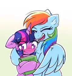 Size: 3245x3423 | Tagged: safe, artist:confetticakez, derpibooru import, rainbow dash, twilight sparkle, twilight sparkle (alicorn), alicorn, pegasus, pony, blushing, book, cute, dashabetes, duo, eyes closed, female, hug, image, jpeg, lesbian, open mouth, shipping, twiabetes, twidash, winghug, wings