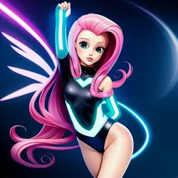 Size: 3072x3072 | Tagged: suggestive, derpibooru import, machine learning assisted, machine learning generated, purplesmart.ai, stable diffusion, fluttershy, human, breasts, clothes, cyberspace, dress, female, image, jpeg, leotard, sexy, small breasts, solo, tron