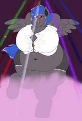Size: 1200x1760 | Tagged: suggestive, artist:thewindking, derpibooru import, oc, oc:livelight, unofficial characters only, anthro, pegasus, anthro oc, big breasts, breasts, busty boy, button popping, chubby cheeks, clothes, club, daisy dukes, dancing, double chin, fat, fog, image, intersex, large butt, looking at you, male, open mouth, pegasus oc, png, shirt, shorts, solo, spread wings, wardrobe malfunction, wide hips, wings