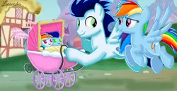 Size: 1980x1020 | Tagged: safe, artist:mlplary6, derpibooru import, rainbow dash, soarin', oc, oc:blue skies, oc:speedy dash, pegasus, pony, baby, baby carrier, baby pony, colt, family, female, filly, flying, foal, happy, image, looking at each other, looking at someone, male, mare, momma dash, offspring, parent:rainbow dash, parent:soarin', parents:soarindash, png, pushing, shipping, siblings, smiling, smiling at each other, soarindash, stallion, straight, twins