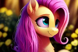 Size: 1536x1024 | Tagged: safe, derpibooru import, editor:nightluna, machine learning assisted, machine learning generated, purplesmart.ai, stable diffusion, fluttershy, pegasus, pony, ear fluff, eyebrows, eyelashes, female, flower, image, mare, messy mane, png, smiling, solo, sunlight