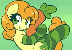 Size: 2388x1668 | Tagged: safe, artist:moozua, derpibooru import, carrot top, golden harvest, earth pony, pony, carrot, clothes, eye clipping through hair, female, food, high res, image, jpeg, mare, smiling, socks, solo, striped socks