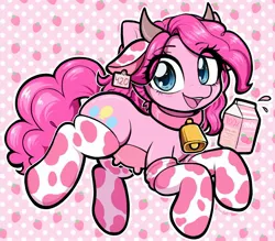 Size: 2048x1793 | Tagged: safe, artist:moozua, derpibooru import, pinkie pie, cow, cow pony, pony, bell, bell collar, blushing, clothes, collar, cowbell, cowified, cowprint, ear tufts, eye clipping through hair, female, image, jpeg, looking at you, milk, milk carton, open mouth, open smile, pincow pie, smiling, socks, solo, species swap, strawberry milk, udder