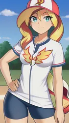 Size: 864x1536 | Tagged: safe, derpibooru import, editor:sammykun, machine learning generated, novelai, stable diffusion, sunset shimmer, equestria girls, baseball, baseball cap, black bottomwear, breasts, cap, clothes, cloud, compression shorts, cyan eyes, day, female, grass, hand on hip, happy, hat, human coloration, image, jersey, light skin, long hair, looking at you, medium breasts, outdoors, png, shirt, shorts, sky, small breasts, smiling, snapback, solo, solo female, sports, sports outfit, standing, teenager, tomboy, tree, turquoise eyes, two toned hair, two toned headwear
