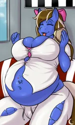 Size: 512x850 | Tagged: suggestive, artist:canaicreations, derpibooru import, oc, oc:sundae shake, anthro, belly, big belly, big breasts, breasts, eating, fat, female, image, png, solo, solo female, wardrobe malfunction