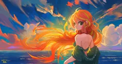 Size: 1920x1013 | Tagged: safe, artist:tinybenz, derpibooru import, sunset shimmer, human, bare shoulders, clothes, color porn, female, humanized, image, jpeg, looking at you, looking back, looking back at you, ocean, solo, sunset, swimsuit, water