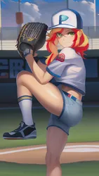 Size: 864x1536 | Tagged: safe, derpibooru import, editor:sammykun, machine learning generated, novelai, stable diffusion, sunset shimmer, equestria girls, baseball, baseball cap, baseball glove, blue bottomwear, breasts, cap, clothes, cloud, confident, denim, denim shorts, female, grass, green eyes, hat, human coloration, image, imminent throw, incorrect eye color, jersey, kneepit, light skin, logo on headwear, logo on topwear, long hair, looking at you, multicolored socks, outdoors, pitcher, png, raised leg, reference used, shiny skin, shirt, shoes, shorts, sky, small breasts, smiling, snapback, sneakers, socks, solo, solo female, sports, sports outfit, stadium, t-shirt, teenager, tomboy, two toned hair, two toned headwear, two toned headwear (blue & white), two toned topwear, two toned topwear (blue & white)