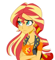 Size: 655x715 | Tagged: safe, artist:ignoto_delta, derpibooru import, sunset shimmer, human, equestria girls, crossed arms, female, freckles, geode of empathy, image, magical geodes, peppered bacon, png, simple background, solo, white background