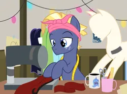 Size: 3025x2254 | Tagged: safe, artist:badumsquish, derpibooru import, princess luna, star tracker, alicorn, earth pony, pony, clothes, coffee, cup, derpibooru exclusive, desk, drawing, dress, duct tape, fabric, fairy lights, female, freckles, grin, headband, hoof hold, image, male, mannequin, mare, measuring tape, mug, pencil, png, ruler, s1 luna, scissors, sewing, sewing machine, show accurate, smiling, solo, stallion, starcrossed, tape, this will end in crossdressing