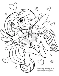 Size: 501x648 | Tagged: safe, artist:marybellamy, derpibooru import, fluttershy, rainbow dash, black and white, cheek to cheek, female, floating heart, flutterdash, grayscale, heart, hug, image, jpeg, lesbian, lineart, looking at each other, looking at someone, monochrome, one eye closed, one eye open, shipping, simple background, smiling, spread wings, watermark, white background, wings