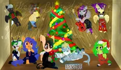 Size: 1280x744 | Tagged: artist needed, safe, derpibooru import, oc, earth pony, pegasus, pony, unicorn, bright, christmas, christmas tree, holiday, image, jpeg, new year, tree