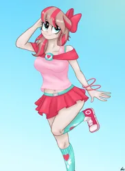Size: 1280x1761 | Tagged: safe, artist:lennondash, derpibooru import, angel wings, human, equestria girls, top bolt, belly button, bow, bracelet, clothes, equestria girls-ified, female, hair bow, image, jewelry, jpeg, kneesocks, long socks, midriff, one leg raised, scarf, shoes, skirt, sneakers, socks, solo, tanktop