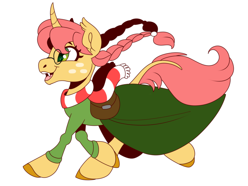 Size: 2000x1500 | Tagged: safe, artist:uunicornicc, derpibooru import, oc, unofficial characters only, pony, unicorn, bag, braid, braided pigtails, clothes, curved horn, ear tufts, fangs, female, freckles, glasses, horn, image, leonine tail, long skirt, mare, open mouth, png, saddle bag, scarf, simple background, skirt, solo, transparent background