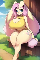 Size: 512x768 | Tagged: suggestive, derpibooru import, editor:rainbowkiller01, machine learning generated, novelai, stable diffusion, fluttershy, anthro, rabbit, animal, big breasts, blushing, breasts, bunnified, bunnyshy, busty fluttershy, clothes, female, huge breasts, image, one-piece swimsuit, png, sitting, solo, solo female, species swap, swimsuit, thighs, thunder thighs