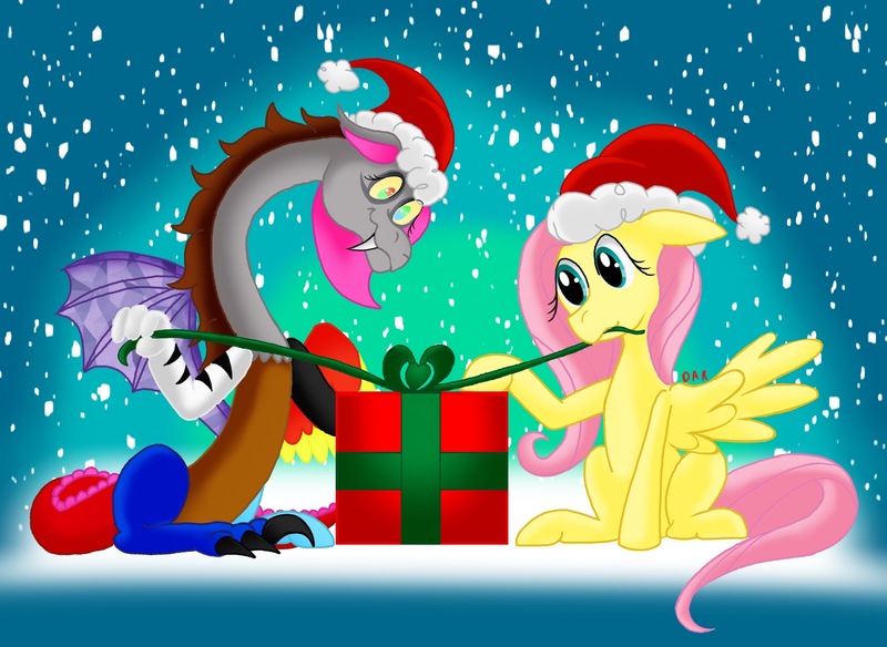 Size: 2220x1620 | Tagged: safe, artist:gracefulart693, derpibooru import, fluttershy, oc, draconequus, pegasus, pony, christmas, draconequus oc, duo, eyelashes, female, hat, holiday, image, jpeg, mare, outdoors, present, santa hat, snow, wings