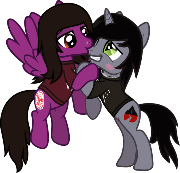 Size: 1469x1410 | Tagged: safe, artist:lightningbolt, derpibooru import, oc, ponified, ponified:kellin quinn, pegasus, pony, unicorn, .svg available, bipedal, bipedal leaning, blushing, clothes, derpibooru exclusive, disguise, disguised siren, duo, duo male, flying, grin, happy, horn, hug, image, kissing, leaning, male, nose piercing, pierce the veil, piercing, png, shirt, sleeping with sirens, slit pupils, smiling, spread wings, stallion, t-shirt, tongue out, vector, vic fuentes, wings