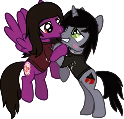 Size: 1469x1410 | Tagged: safe, artist:lightningbolt, derpibooru import, oc, ponified, ponified:kellin quinn, pegasus, pony, unicorn, .svg available, bipedal, bipedal leaning, blushing, clothes, derpibooru exclusive, disguise, disguised siren, duo, duo male, flying, grin, happy, horn, hug, image, kissing, leaning, male, nose piercing, pierce the veil, piercing, png, shirt, sleeping with sirens, slit pupils, smiling, spread wings, stallion, t-shirt, tongue out, vector, vic fuentes, wings
