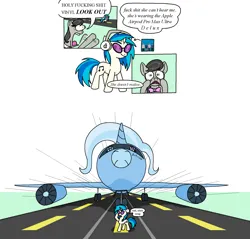 Size: 1918x1830 | Tagged: safe, artist:notfocks, derpibooru import, octavia melody, starlight glimmer, trixie, vinyl scratch, earth pony, pony, unicorn, comic, dialogue, headphones, image, jet, parody, plane, png, runway, vulgar, wide eyes