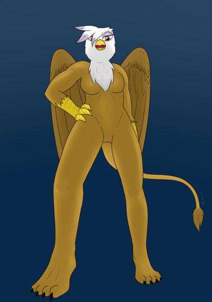 Size: 1694x2408 | Tagged: suggestive, artist:bravery, derpibooru import, gilda, anthro, digitigrade anthro, gryphon, derpibooru exclusive, female, image, looking at you, png, simple background, solo