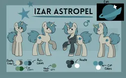 Size: 2100x1300 | Tagged: safe, artist:nathegar, derpibooru import, oc, oc:izar astropel, unofficial characters only, pony, unicorn, clothes, cutie mark, hoodie, image, jpeg, magic, male, reference sheet, stallion